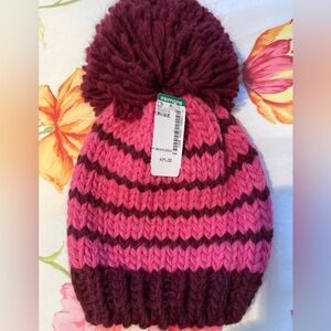 Simons Striped Pom-Pom Beanie in Pink and Burgundy